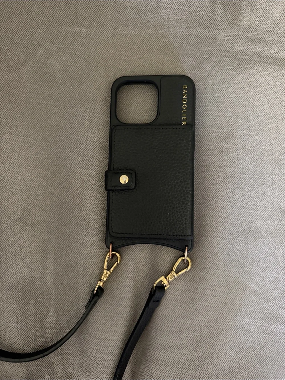 Bandolier Black Leather Crossbody Phone Case with Gold Hardware for 13pro
